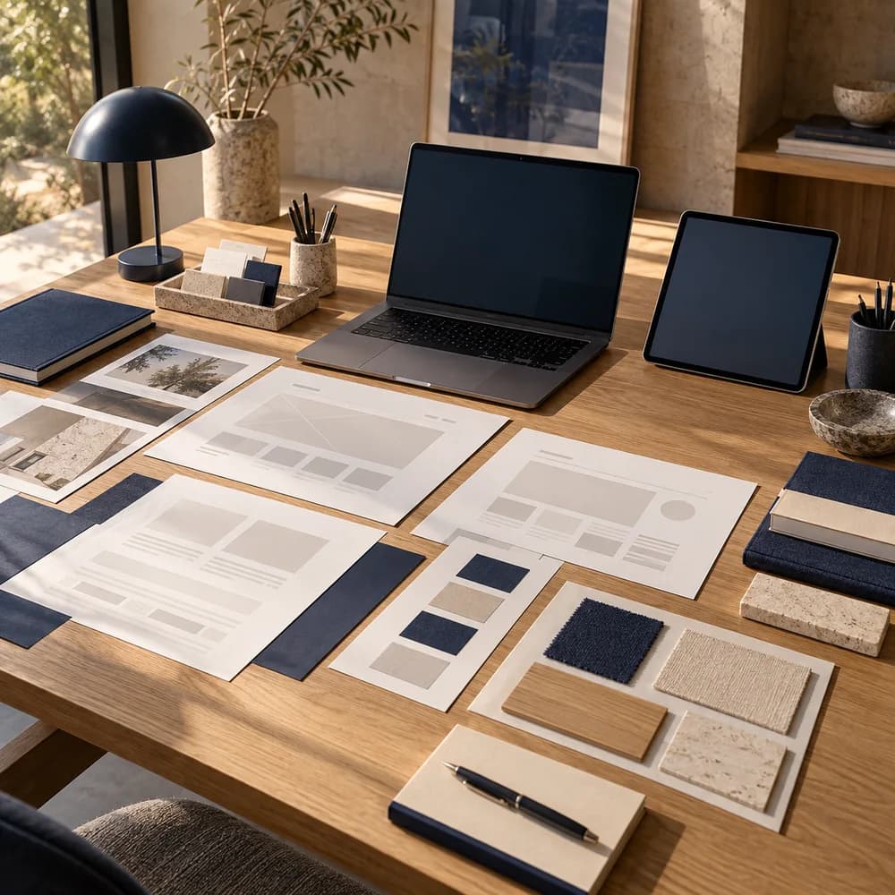 Wireframe, içerik notları ve cihazlarla hazırlanmış düzenli premium web projesi çalışma masası